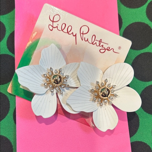 Lilly Pulitzer White Oversized Orchid Floral Earrings with Gold Accents new - Picture 2 of 6